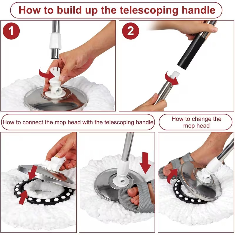 Spin Mop and Bucket with Wringer Set, 360° Spinning Mop System 4 Mop Refill