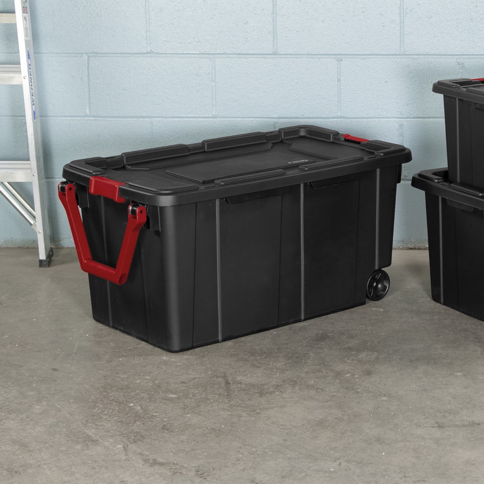 Sterilite 40 Gal Wheeled Industrial Storage Tote Bin Black Set of 4