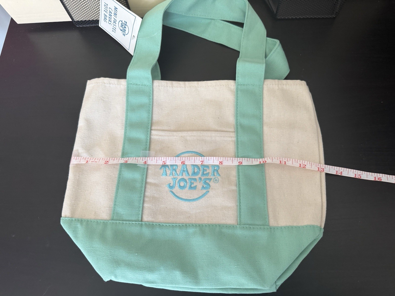 Trader Joe’s Mini Tote Bag Cotton Polyester Beige Mint Green Small