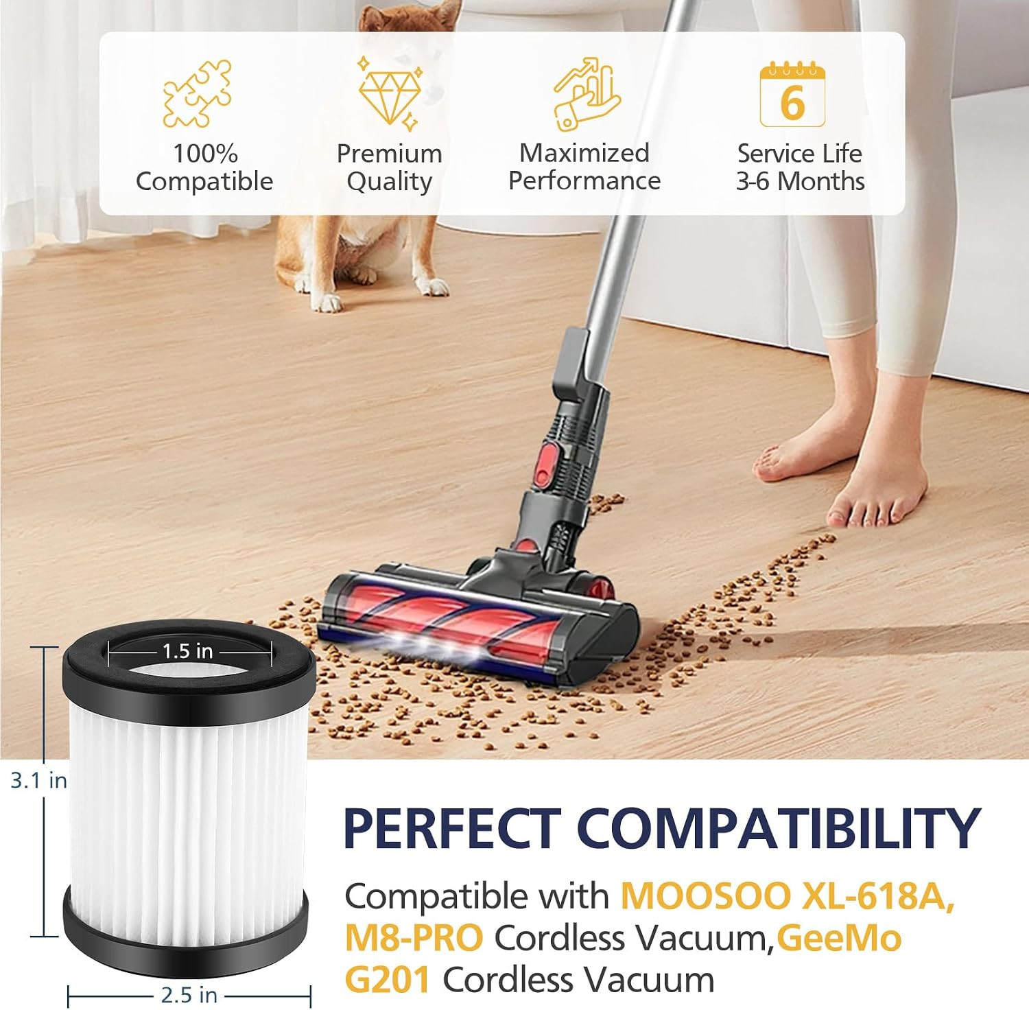 XL-618A Fliter Compatible with Moosoo XL-618A and M8-PRO Cordless Vacuum, Effic
