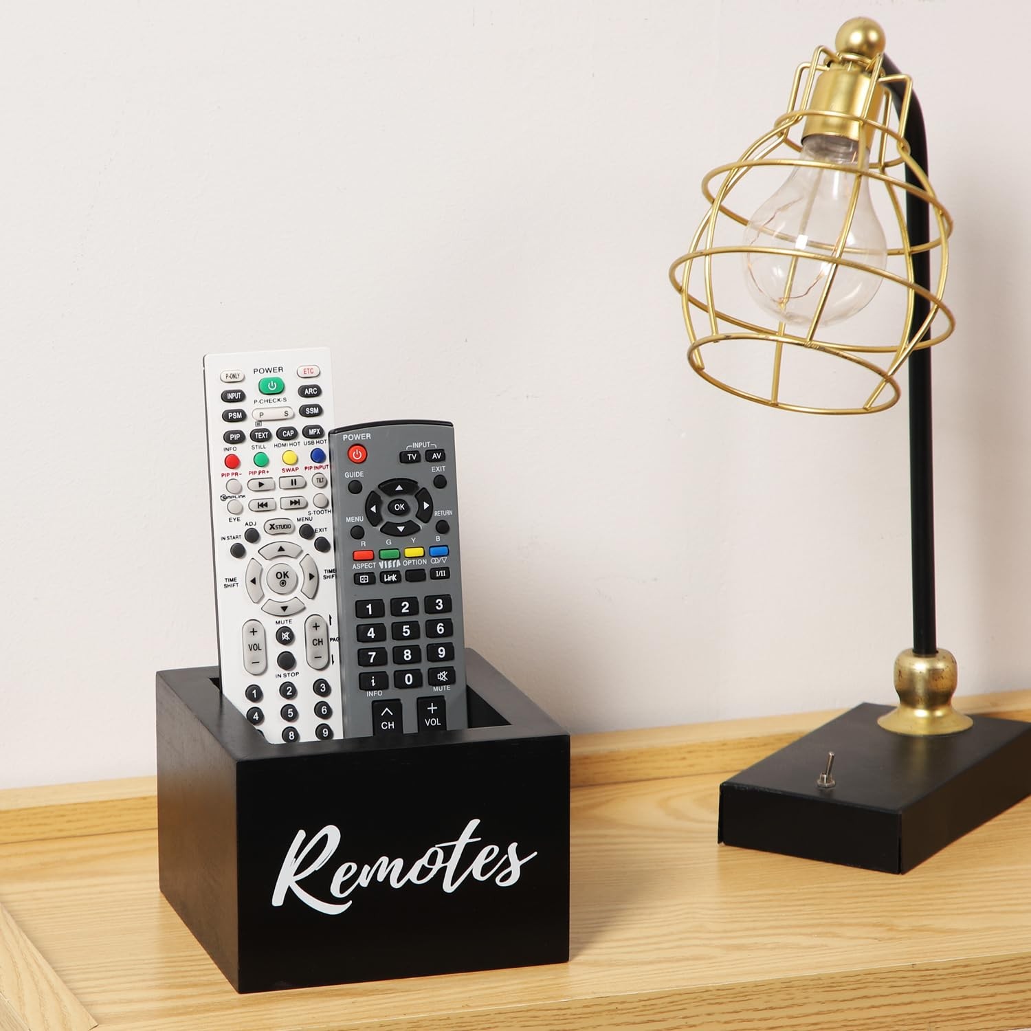 Black Wooden TV Remote Control Holder Desk Table Storage Organizer Caddy Box