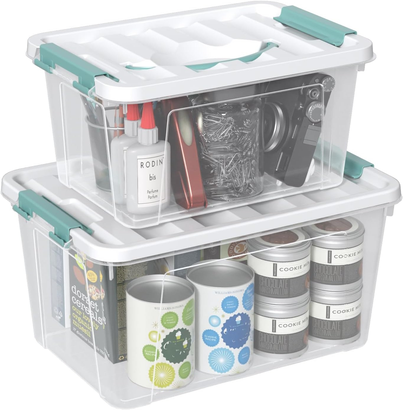 Clear Latch Bin Tote Set – 2 Pack, Stackable Storage Bins with Handles