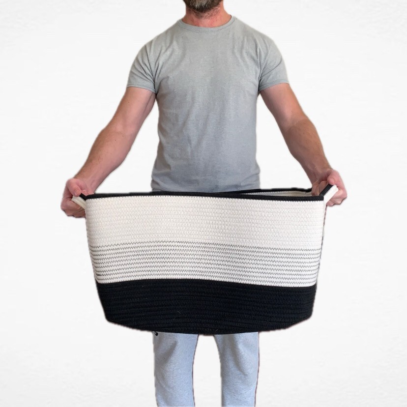 Large black & white cotton rope basket, blanket basket, storage basket, laundry