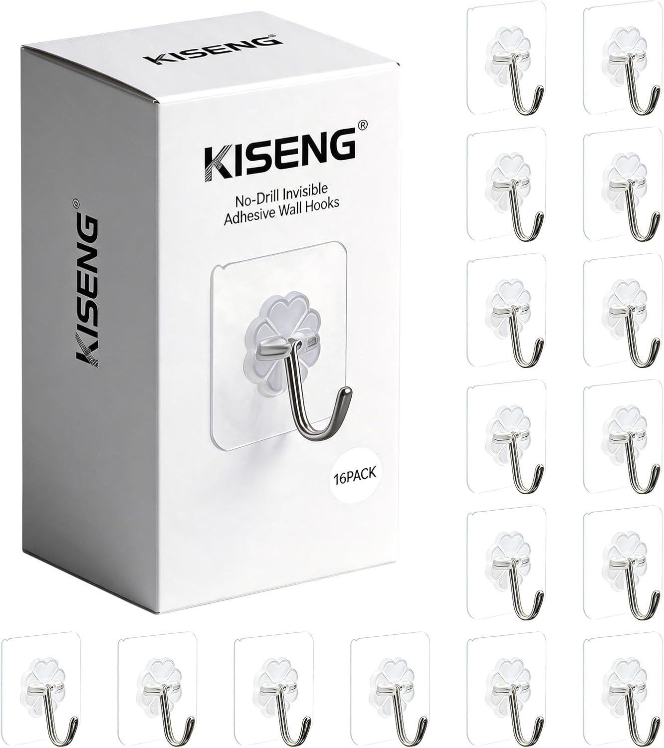 16 Pack Crystal Clear Adhesive Hooks for Hanging, Heavy Duty 22Lb | Sticky Hooks
