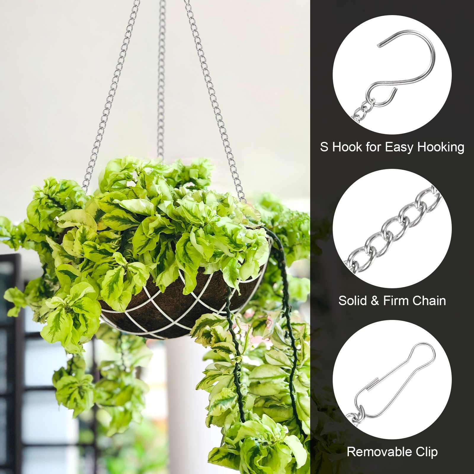6Pcs 25cm/9.8in Hanging Chain with Hooks for Bird Feeder Planter Lantern Silver