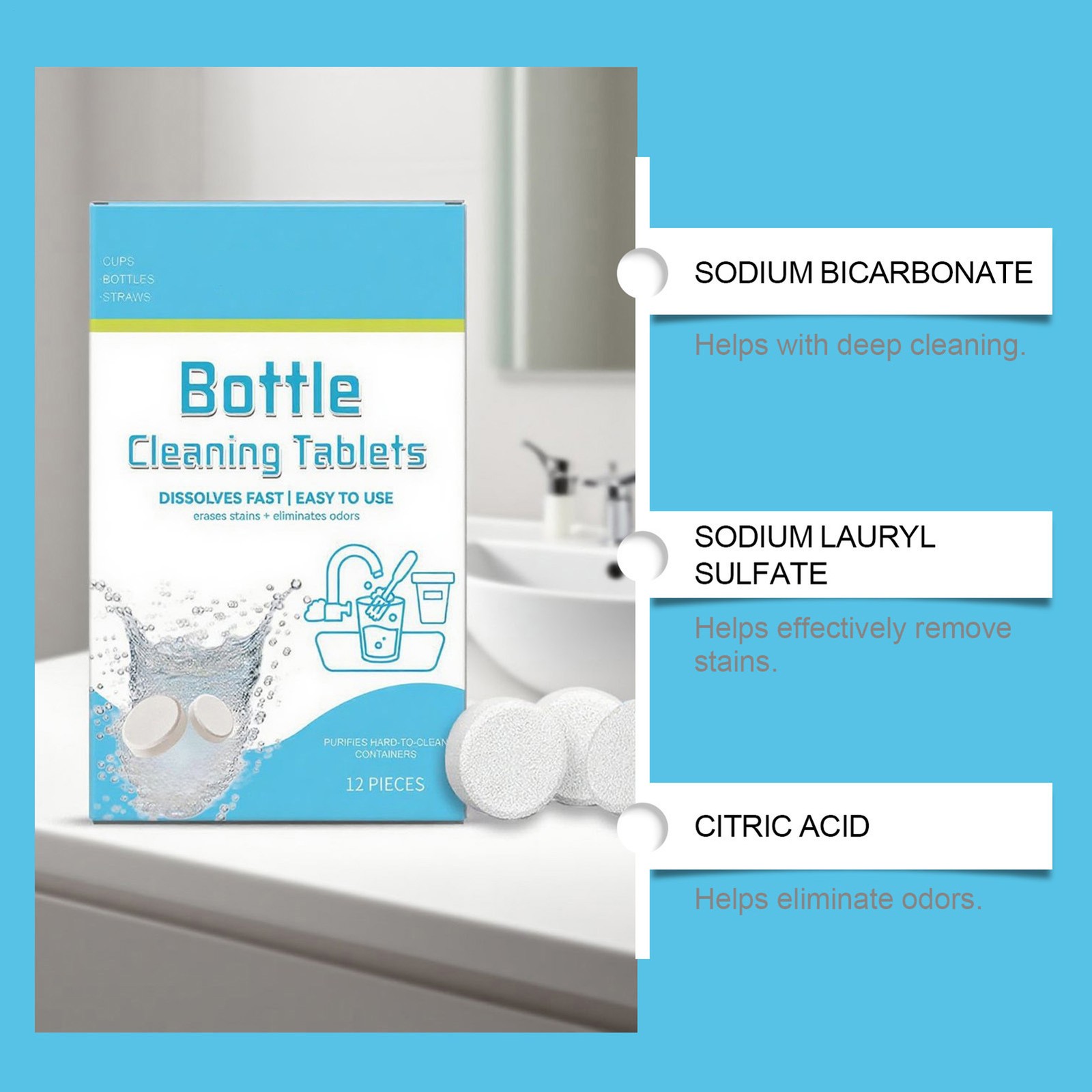 `Water Bottle Cleaning Tablets 12pack Chlorinefree And Odorless Cleaner