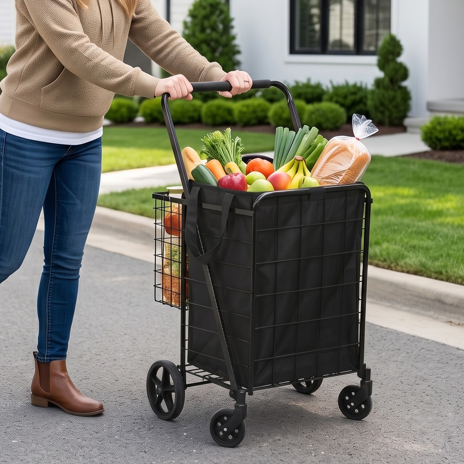 Collapsible Rolling Grocery Cart 88LB Load Capacity w/ Oxford Cloth Liner Black