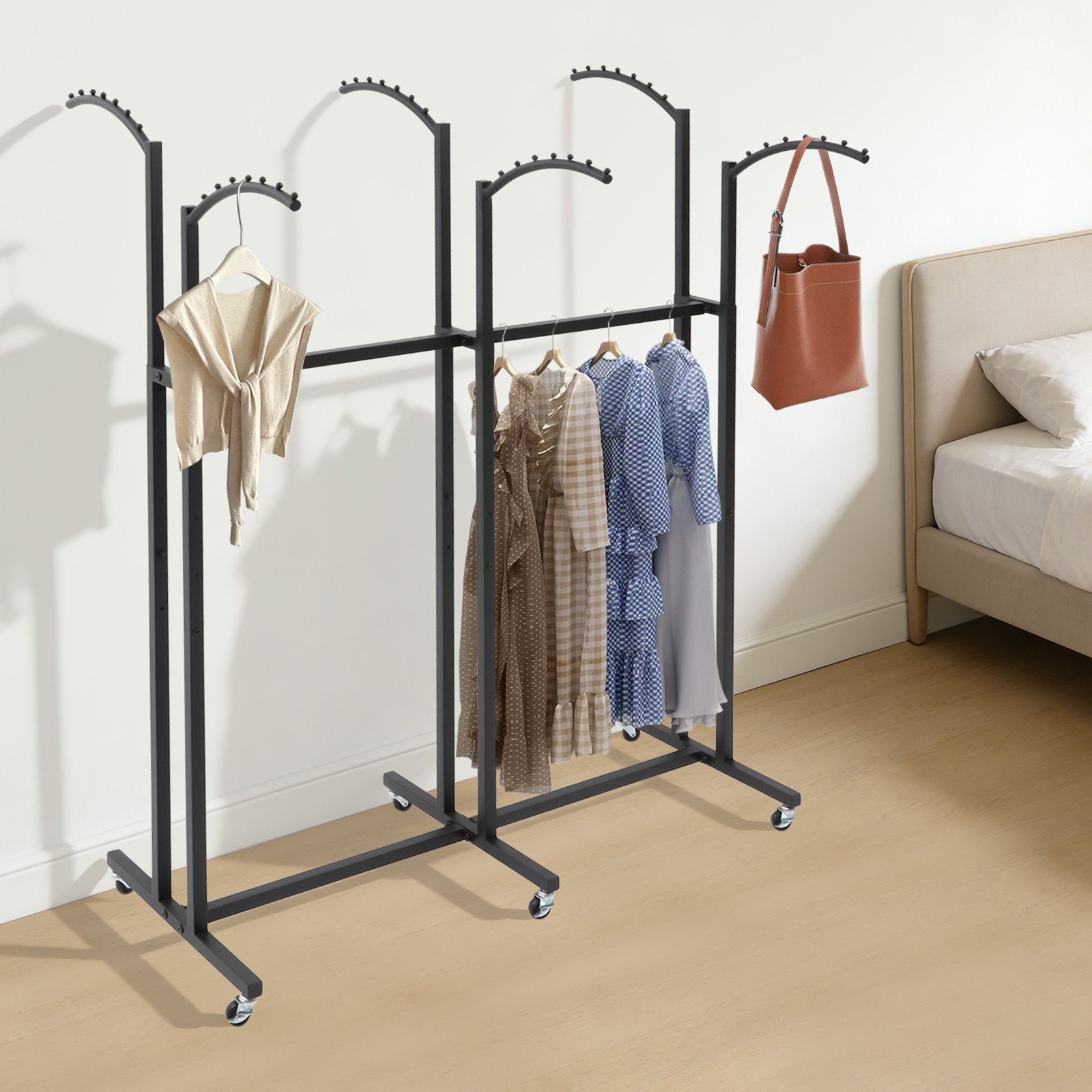 Black 6 Arms Clothing Display Rack With Wheels, 55.12-70.87in Adjustable Height