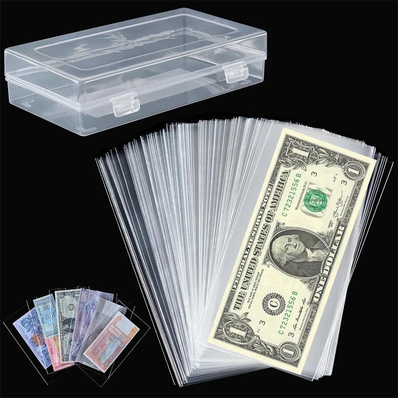 100 Pack Dollar Bill Holder Clear Sideload Currency Sleeves + Storage Case