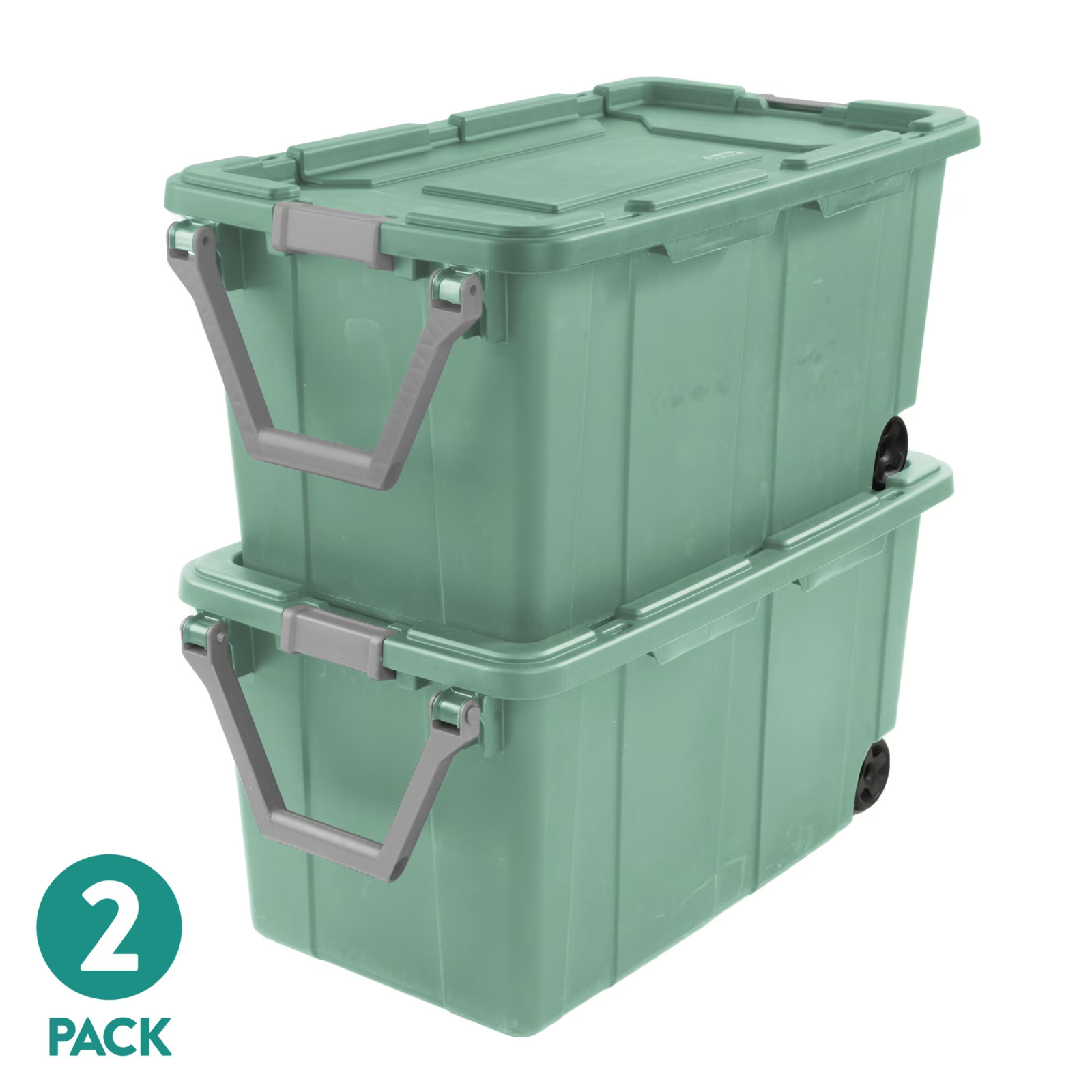 Sterilite 40 Gallon Wheeled Industrial Storage Bin Plastic Tote Lid Green 2-Pack