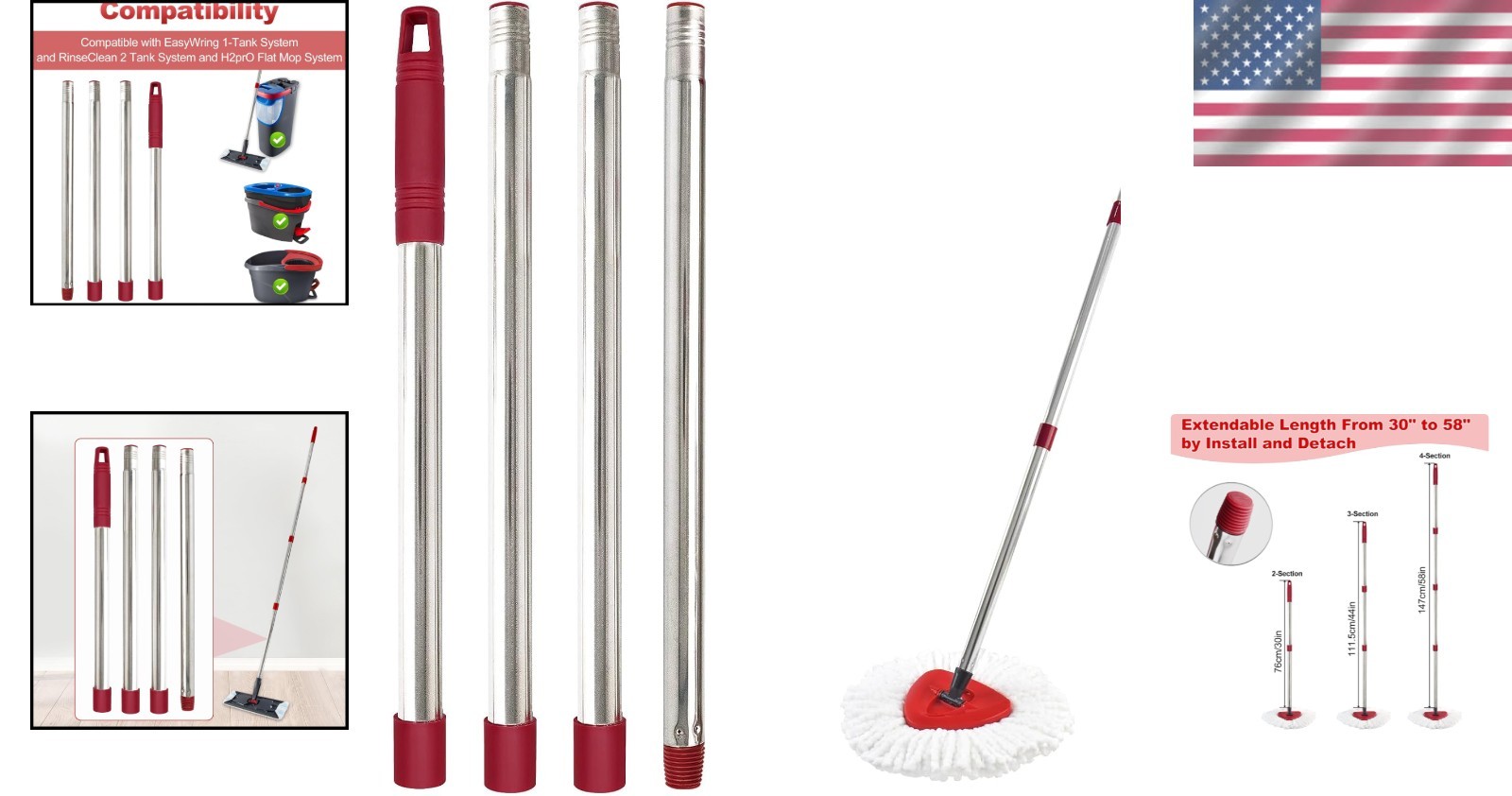 Mop Handle for Ocedar Spin Mop Flat Mop Replacement Extendable 30 58 Stainles…