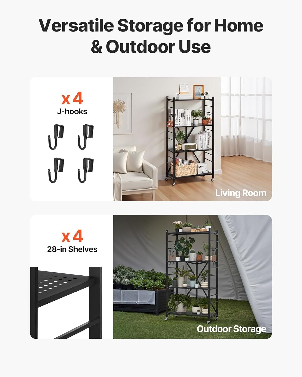 VEVOR 4-Tier Foldable Storage Shelf, 28W x 13D x 54H Inch Metal Rack Shelves