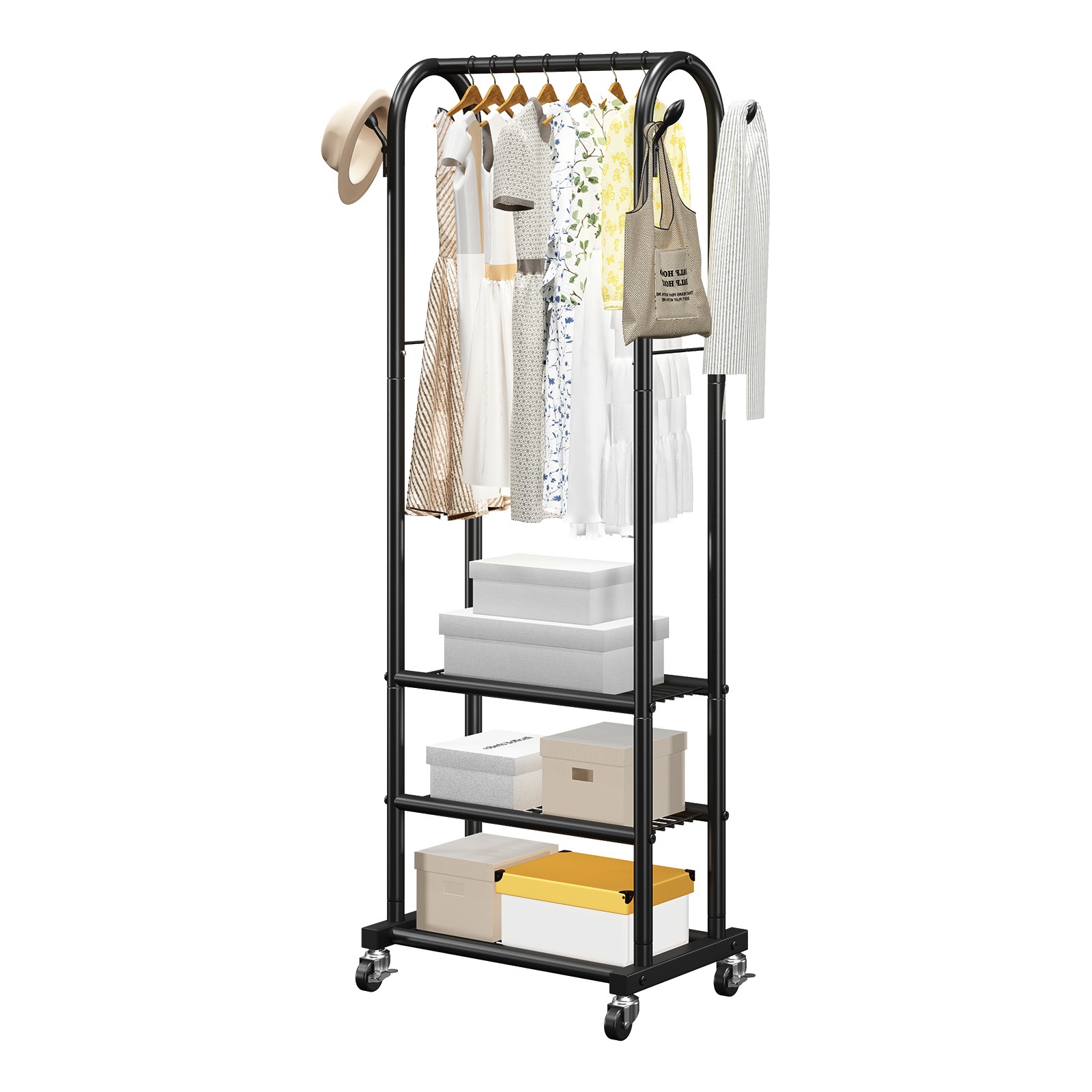 Uimoso Rolling Garment Rack Clothes Rack 3 Shelves & Hooks with Wheels , 99 lbs