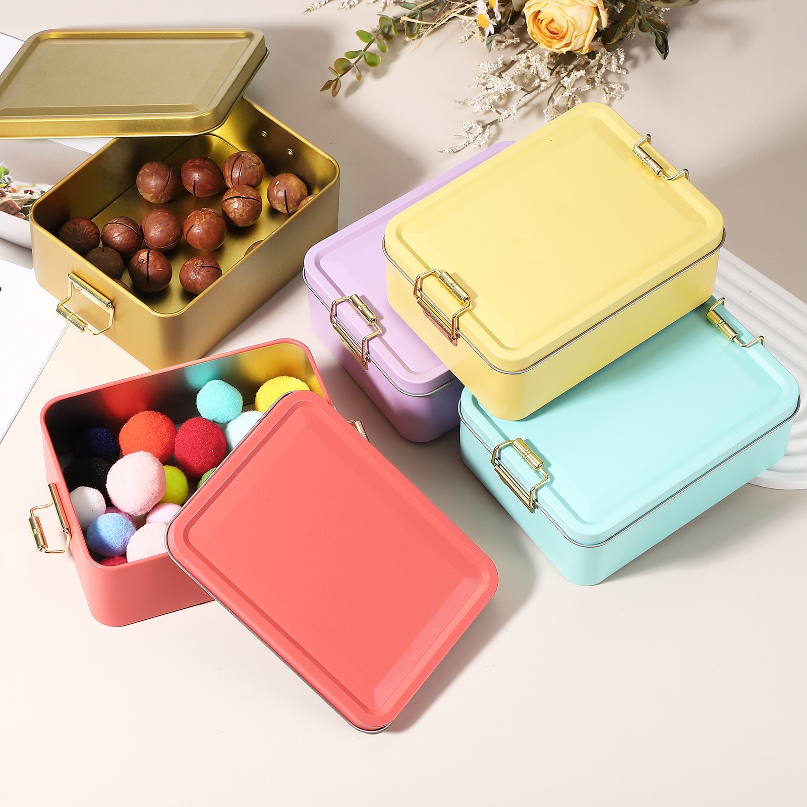 2Pcs Metal Rectangular Tinplate Tin Box with Buckle Yellow