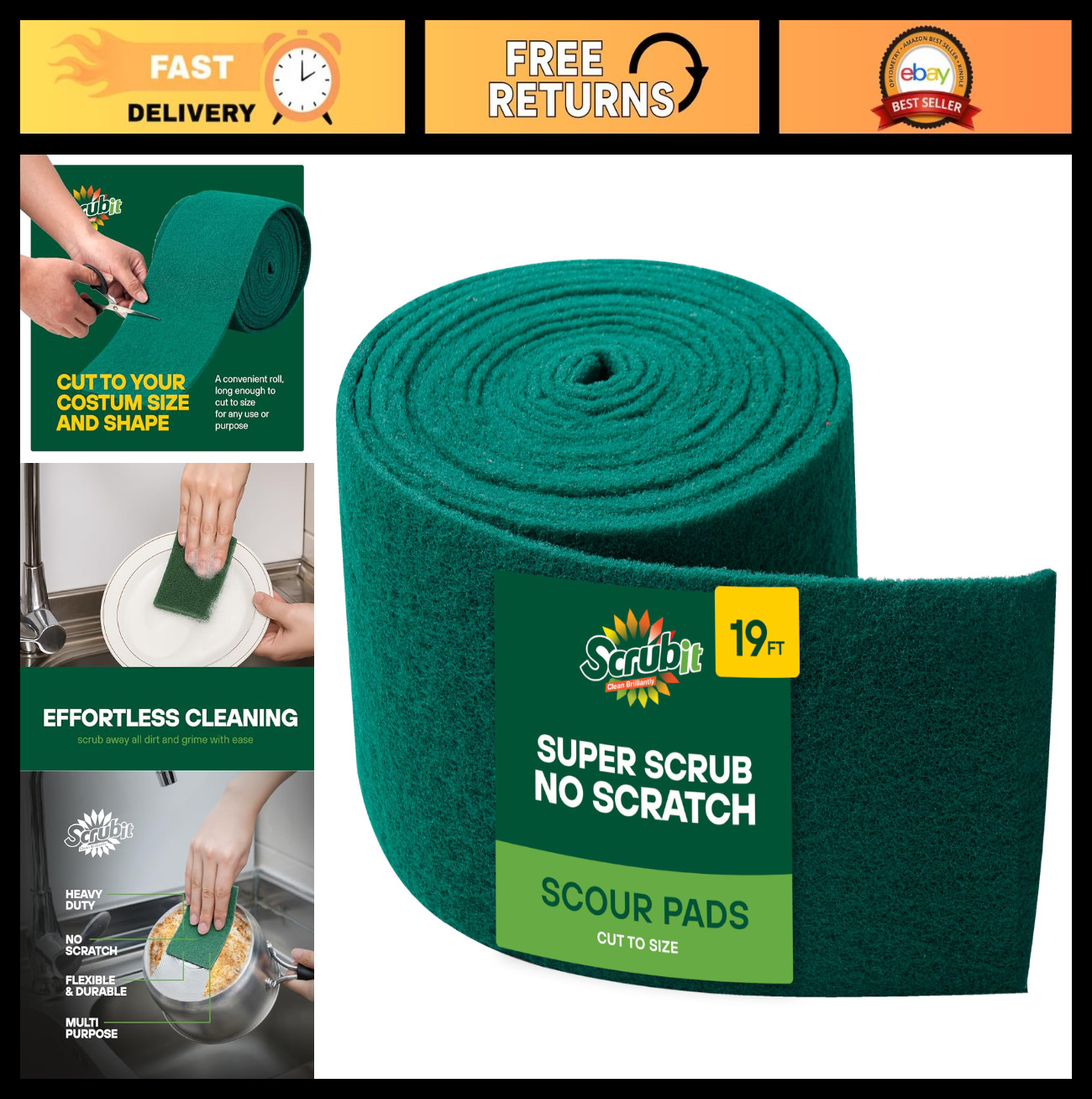 19FT Heavy Duty Non-Scratch Scouring Pad Roll – Abrasive Kitchen Scrubbers for P