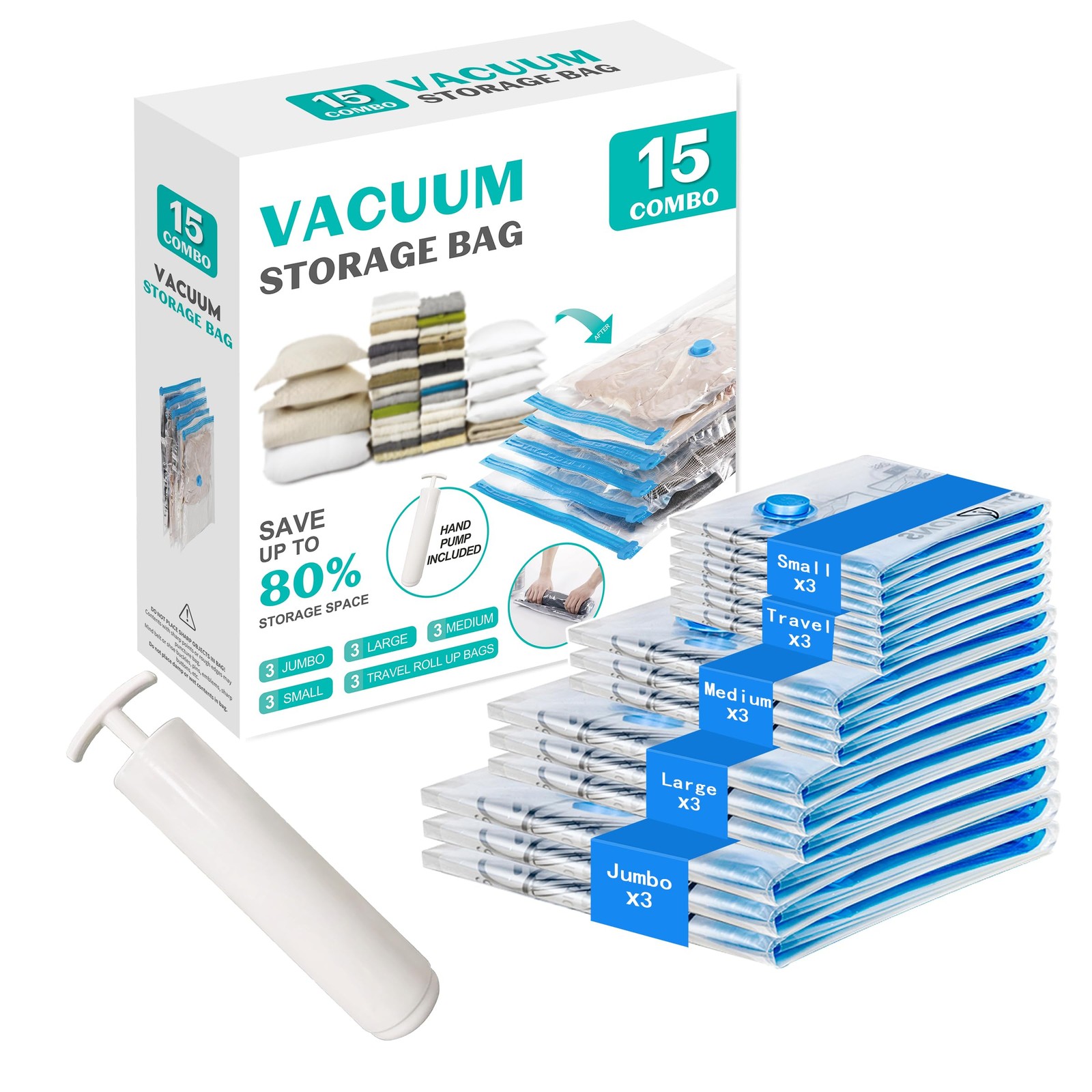 15 Pack Reusable Vacuum Bags for Clothing Bedding Travel Storage Extra Thick Bag