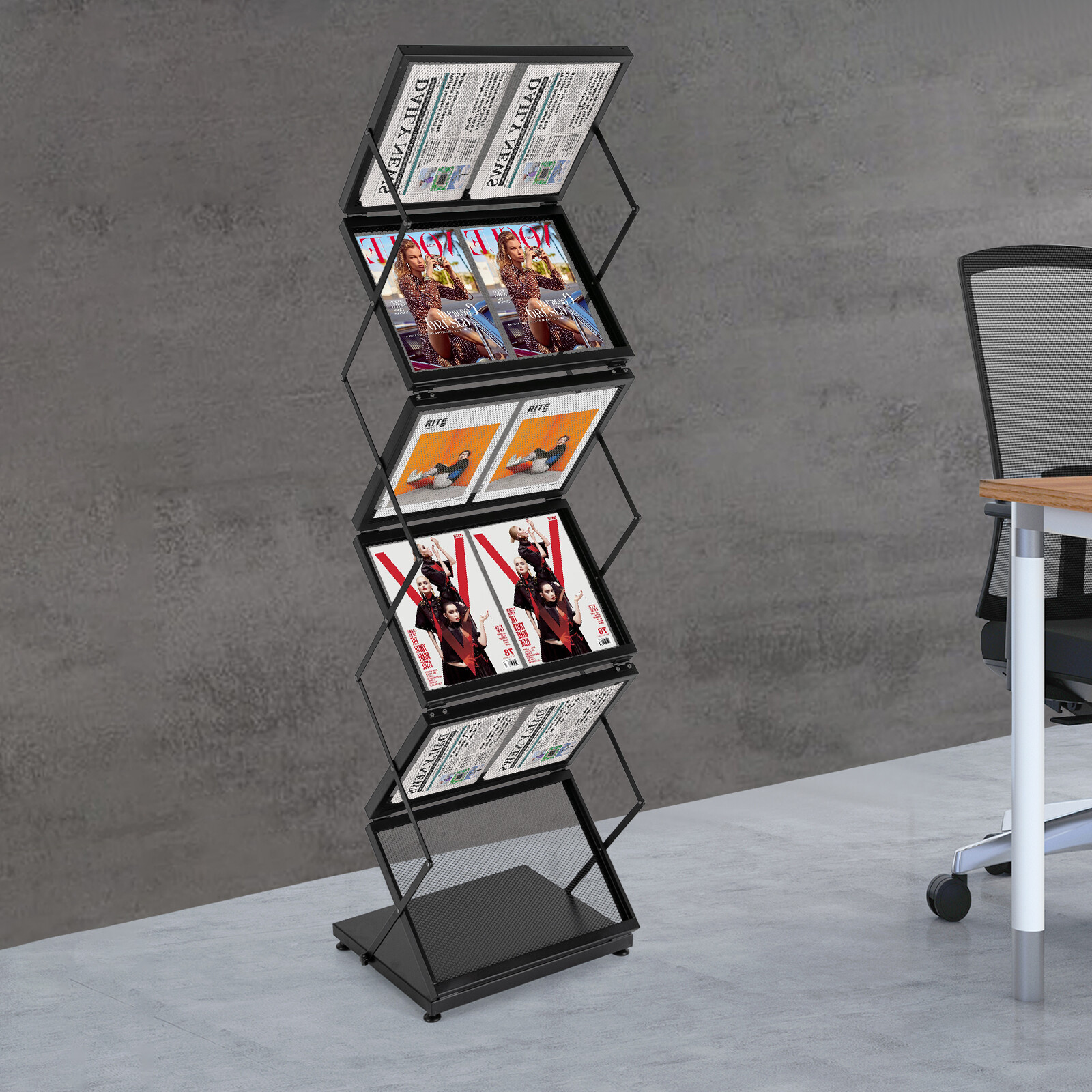 6 Pockets Magazine Rack Foldable Magazine Display Tiered Stand Double A4 Width