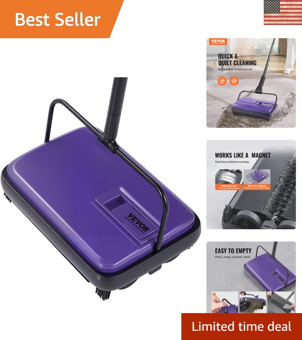 Stylish Purple Carpet Sweeper – Quiet Manual Operation, Pet Hair & Dirt Remover