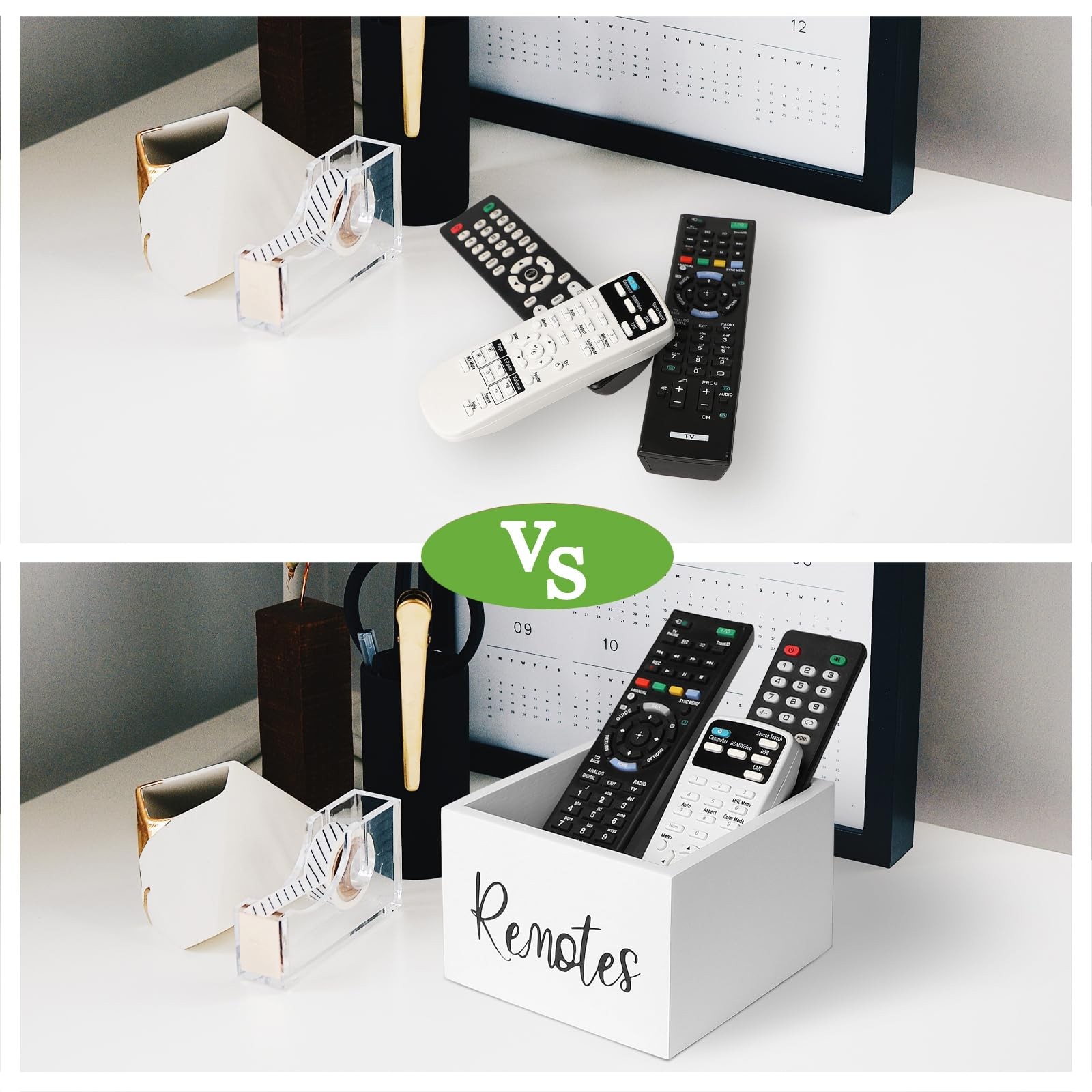 Size M Wooden TV Remote Control Holder Desktop Storage Box Organizer White