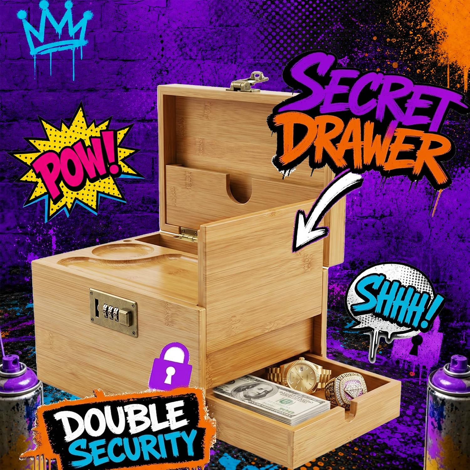 Large Bamboo Storage Box with Combination Lock & Hidden Drawer- Premium Smell