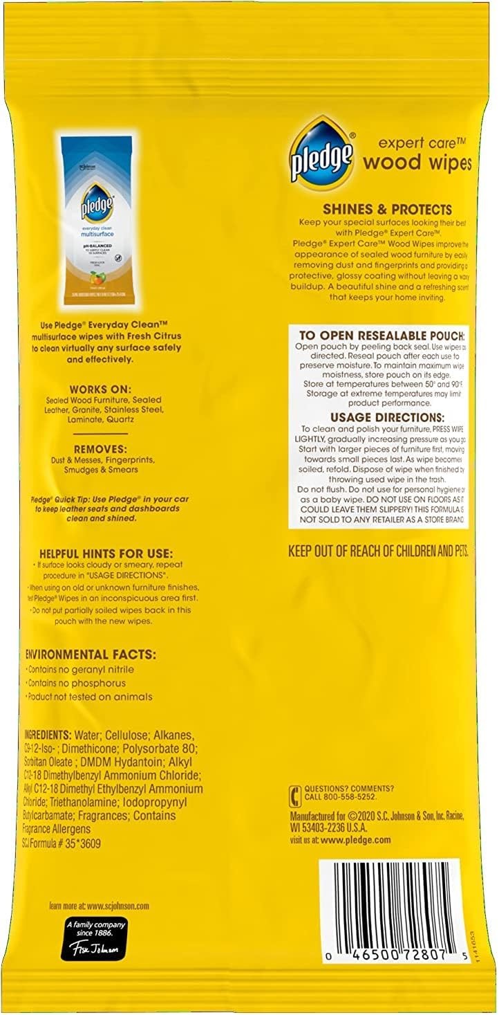 Pledge Expert Care Enhancing Wood Wipes, Lemon Scent, 24 Count