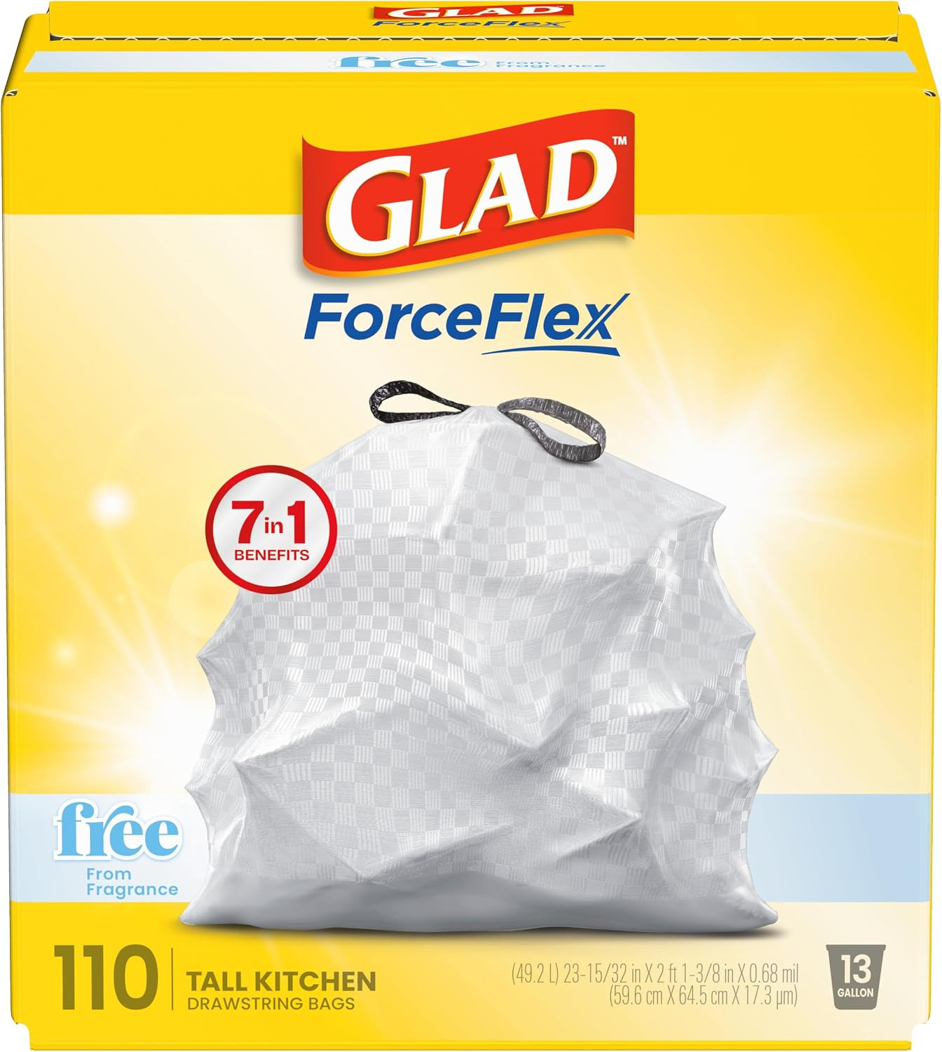 Glad Forceflex Tall Kitchen Drawstring Trash Bags, 13 Gal, Fragrance Free, 40 Ct