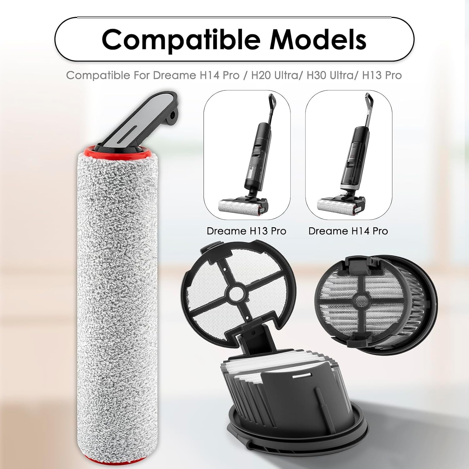 4 Pack H14 Pro Replacement Roller Brushes and HEPA Filters Compatible