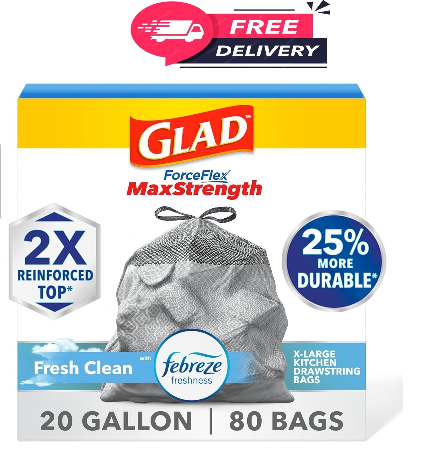 Glad Tall Kitchen Trash Bags 20 Gallon, XL MaxStrength Febreze Clean 80 Count