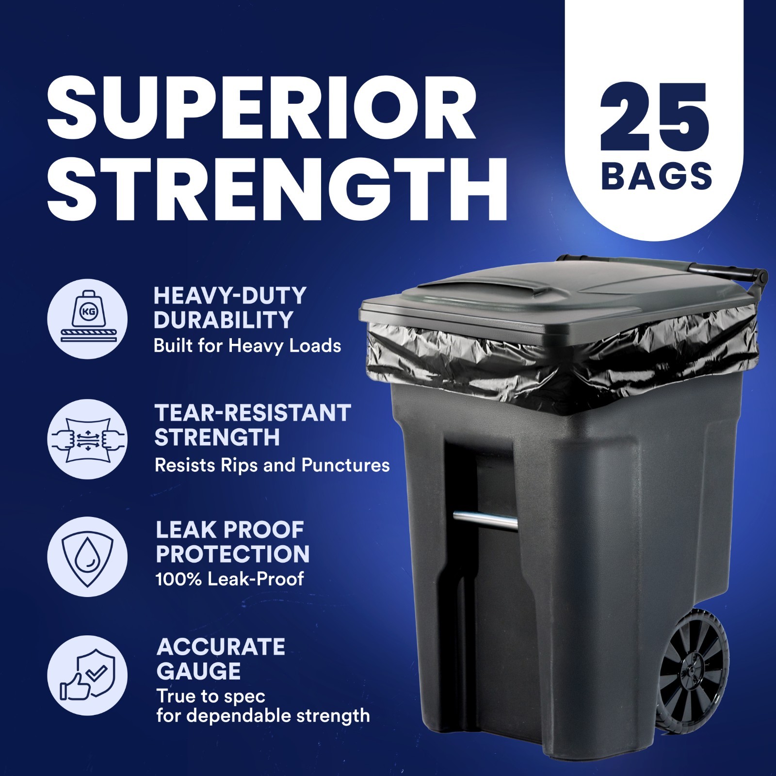 Plasticplace 65 Gallon Extra Heavy Trash Bags, 25 Count