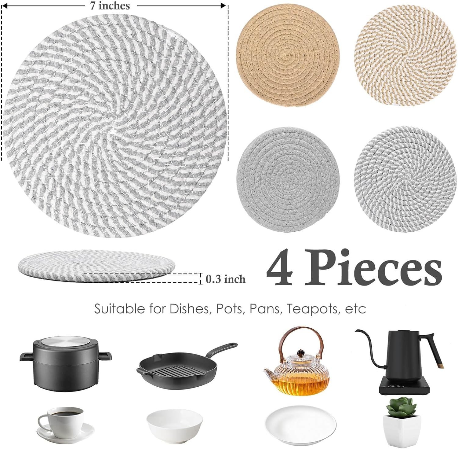 Salvamanteles de 18 cm para platos, ollas y sartenes, 4 agarraderas resistentes