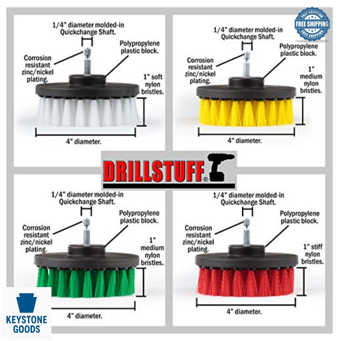 Power Scrubber Brush Set 4 Inch Drill Attachment Nylon Bristles Shower Tile