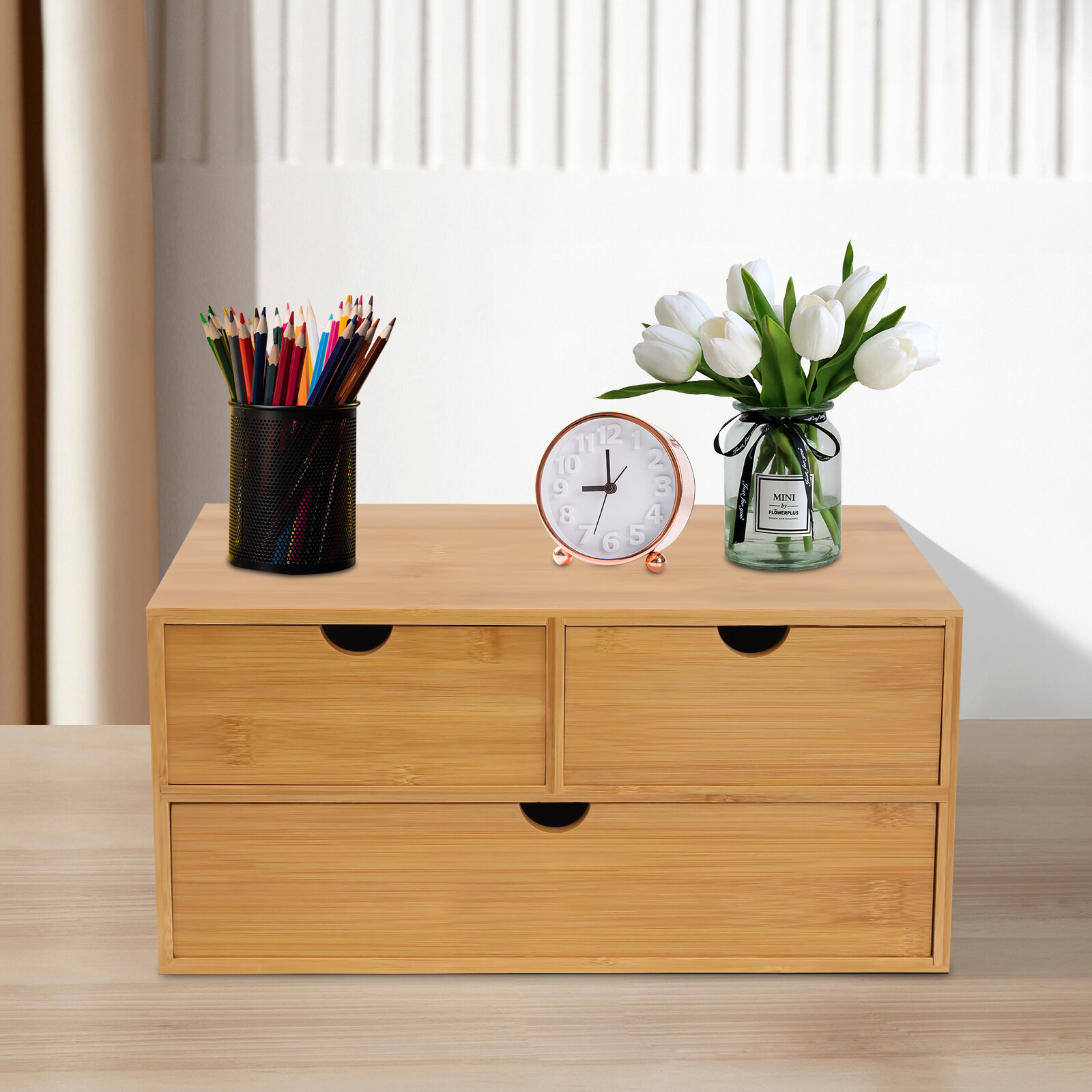 Tabletop Storage Box No Assembly Required Bamboo Desk Organizer with 3 Drawers