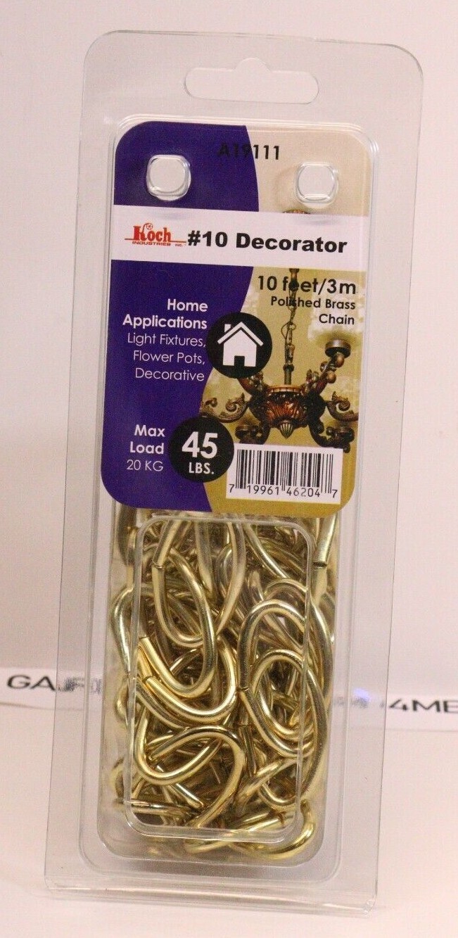 10 Feet #10 Decorator Polished Brass Chain 45 LBS Max Load 20 KG NIB
