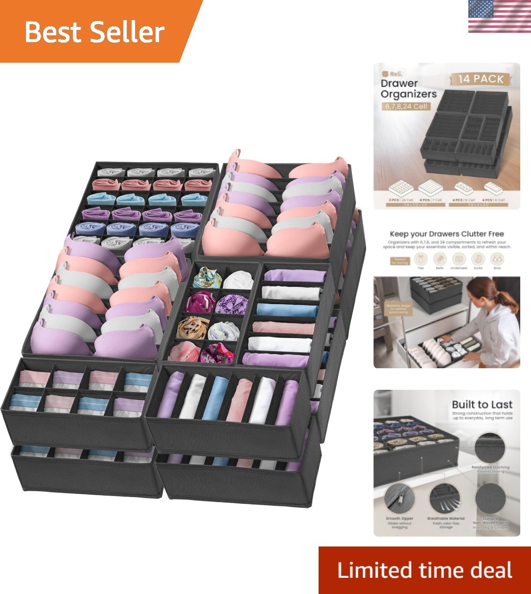 Sock Organizer 14 Pack | 132 Cell Underwear Organizer | Drawer Dividers for U…