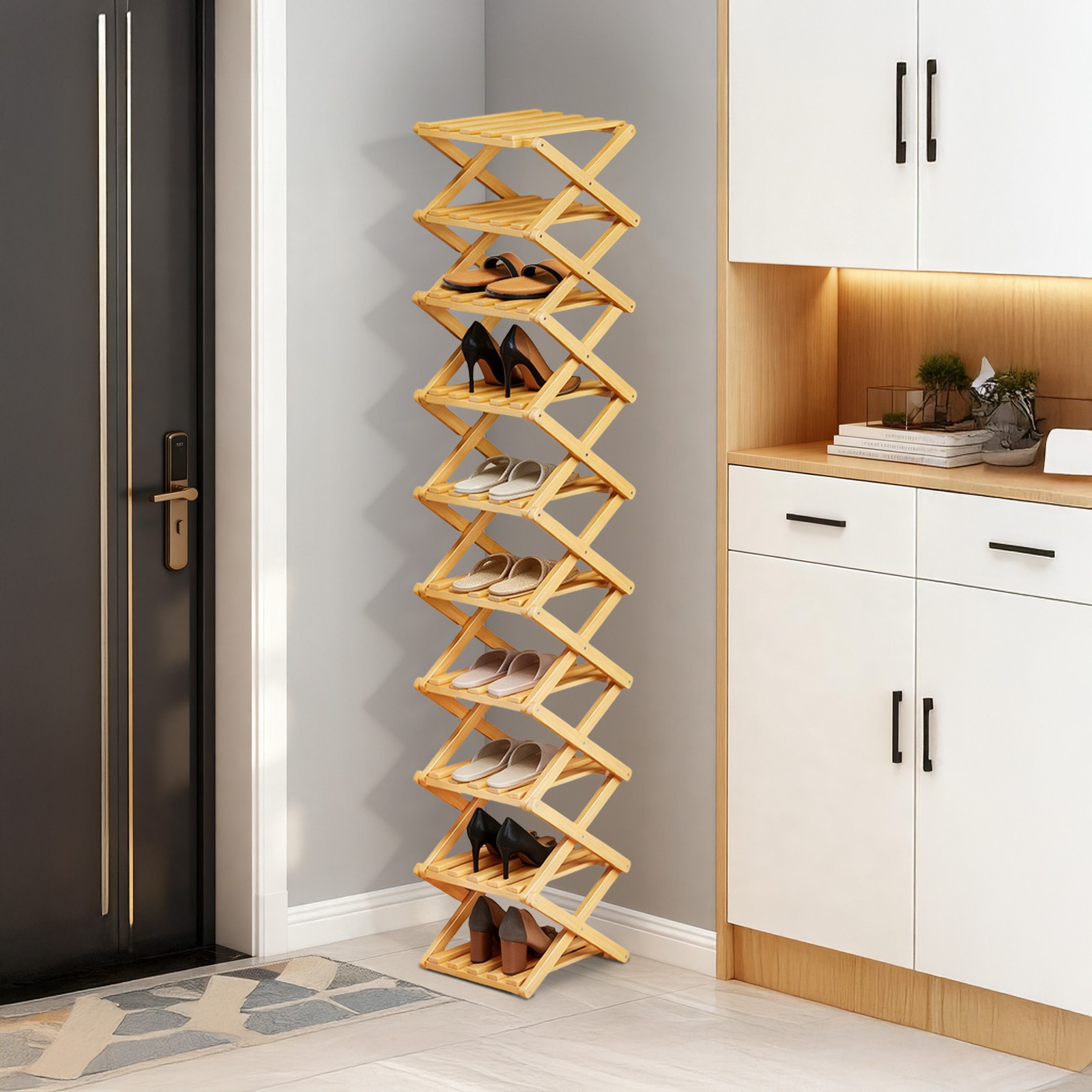 Bamboo Shoe Rack, Foldable Storage Rack, Space Saving Standing Shoe Organizer