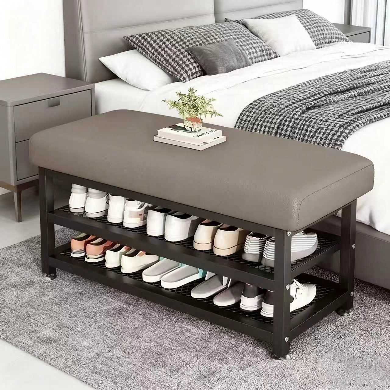 New Shoe Storage Bench Padded Seat Metal Rack Entryway Grey