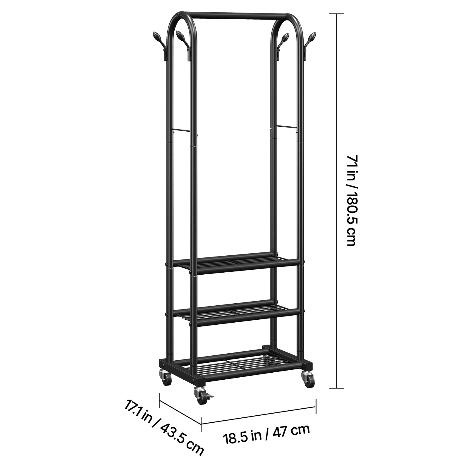 Uimoso Rolling Garment Rack Clothes Rack 3 Shelves & Hooks with Wheels , 99 lbs