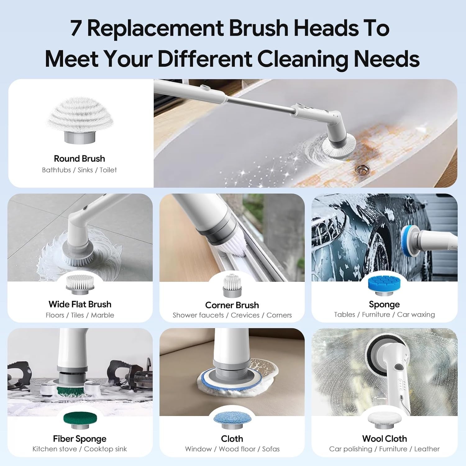 Cordless Electric Spin Scrubber 7 Heads Power Cleaning Brush Bathroom Tub Tile