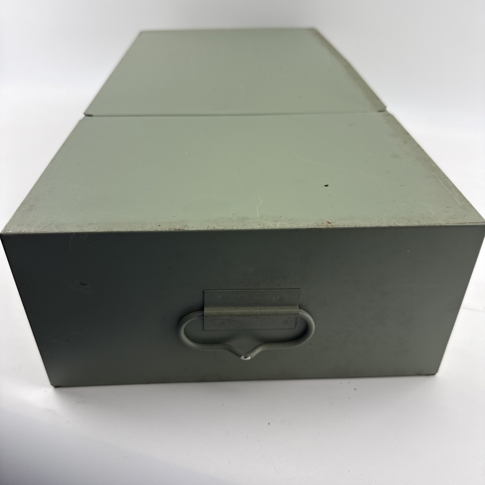 Vintage X-10 Light Green Metal Storage Box 21.5x10x5 Slide Lid