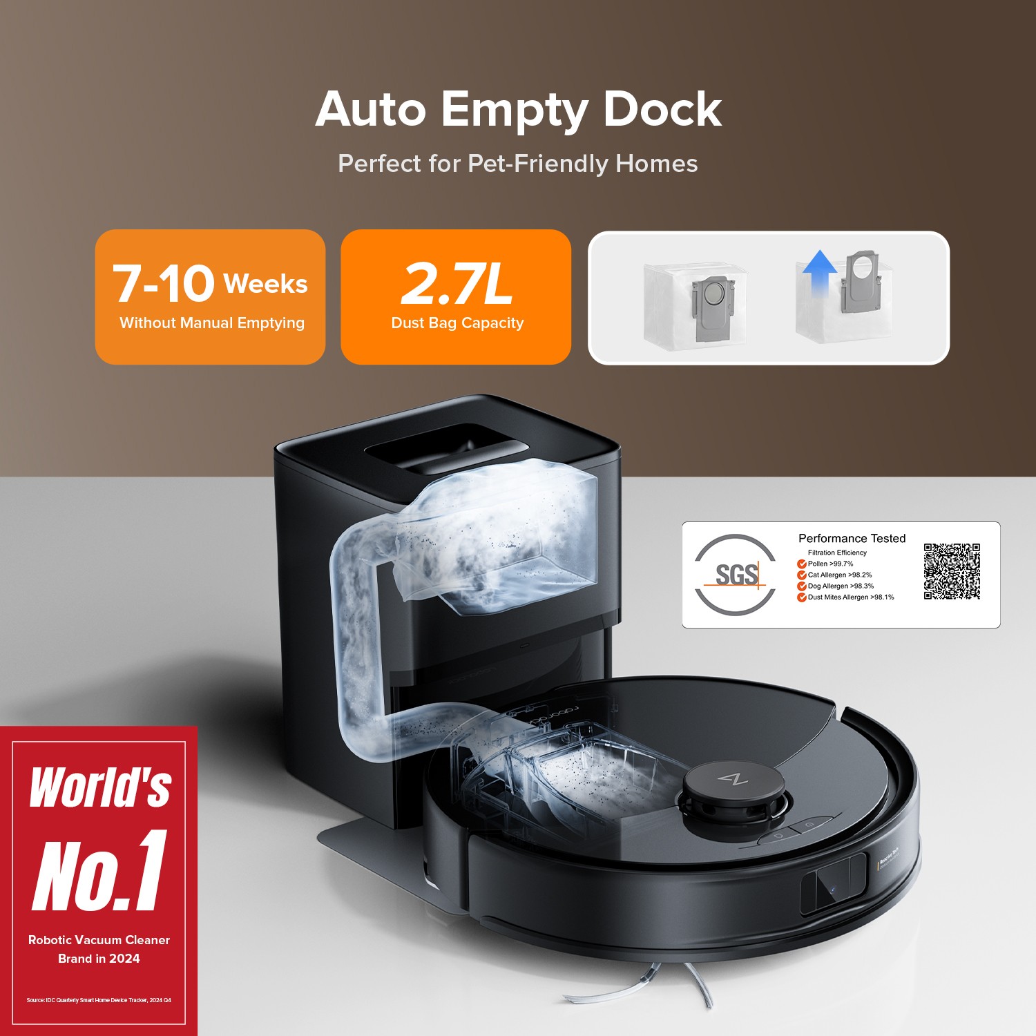 Roborock Q10 X5+ Self-Emptying Robot Vacuum Cleaner, 10000Pa, Obstacle Avoidance