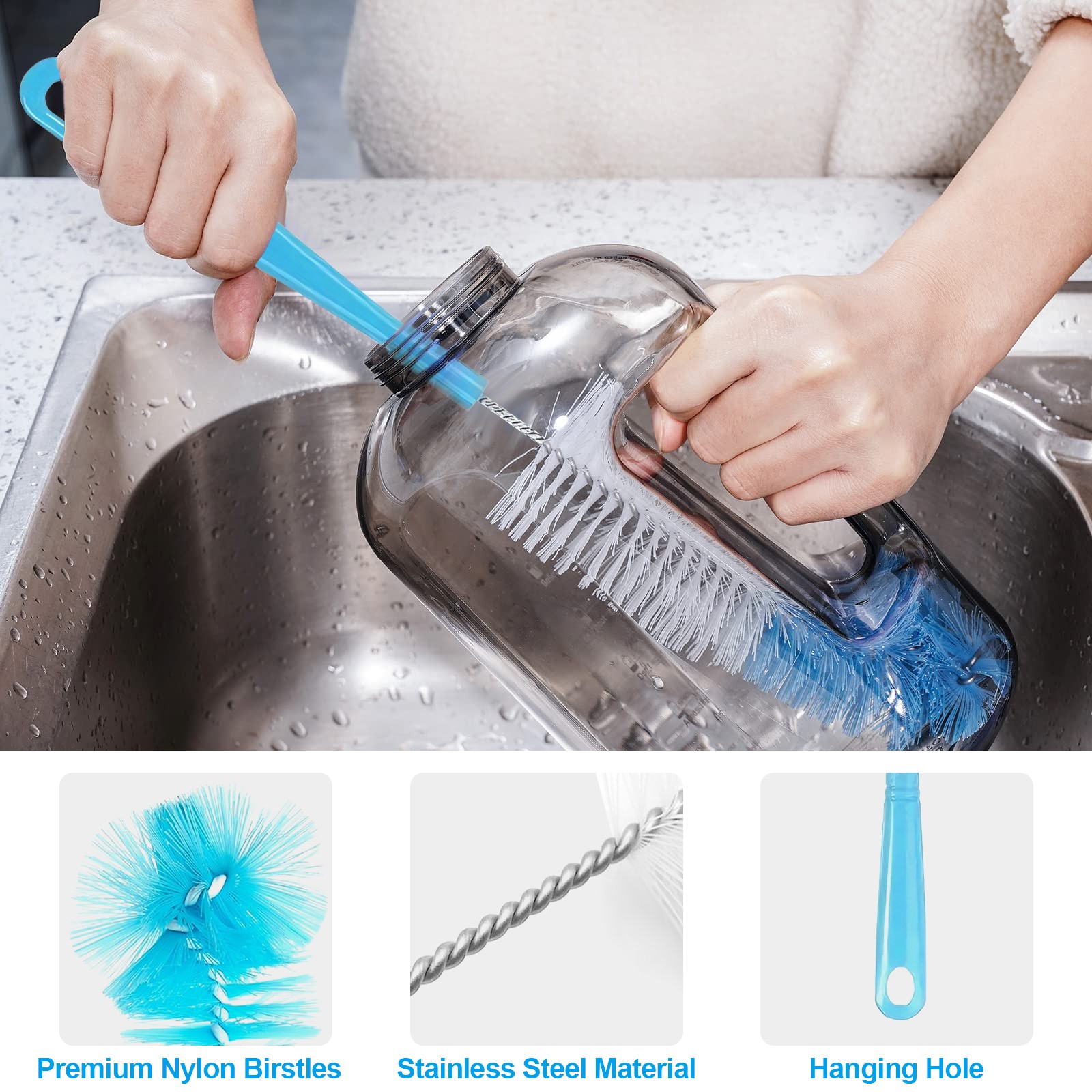 8PCS extended Handle Bottle Brush Set Plastic Cleaner Bottles Straws Cups Blu…