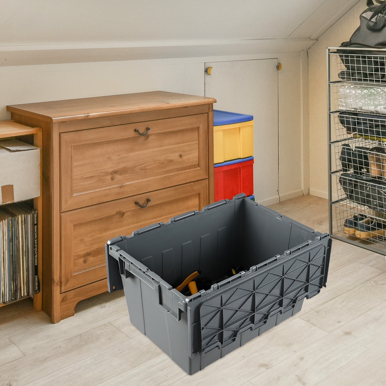Cand 15 Gallon Plastic Industrial Storage Tote with Hinged Attached Lid, 4 Packs