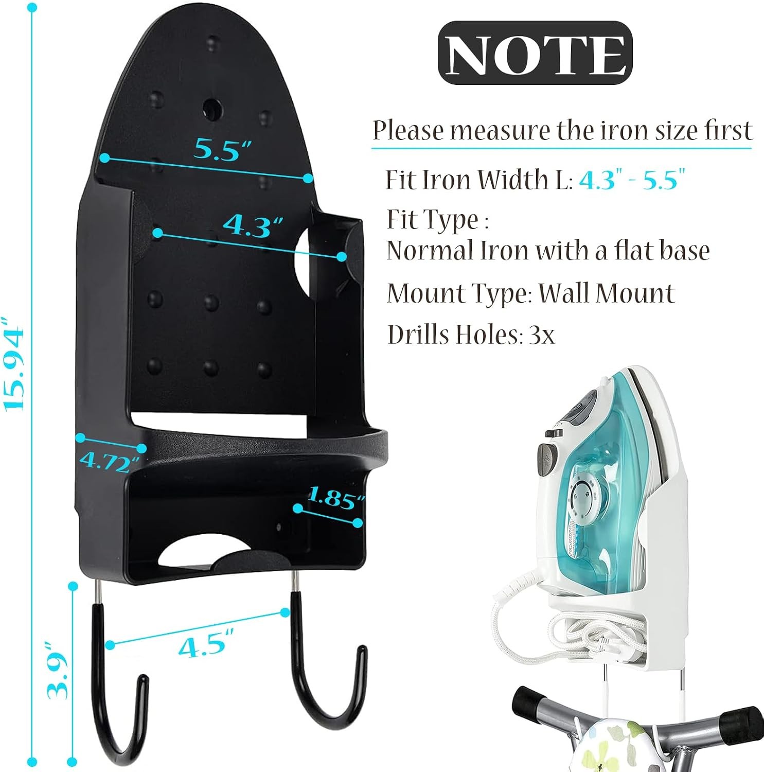 Ironing Board Hanger Wall Mount Electric Iron Holder Ironing Board Rack Black