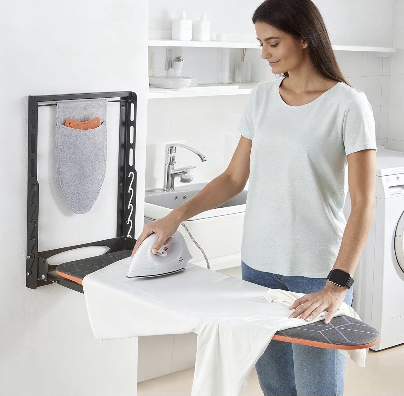 Wall Mounted Foldable Metal Ironing Board 42 x 14 in Gray/Orange/Black Hanging