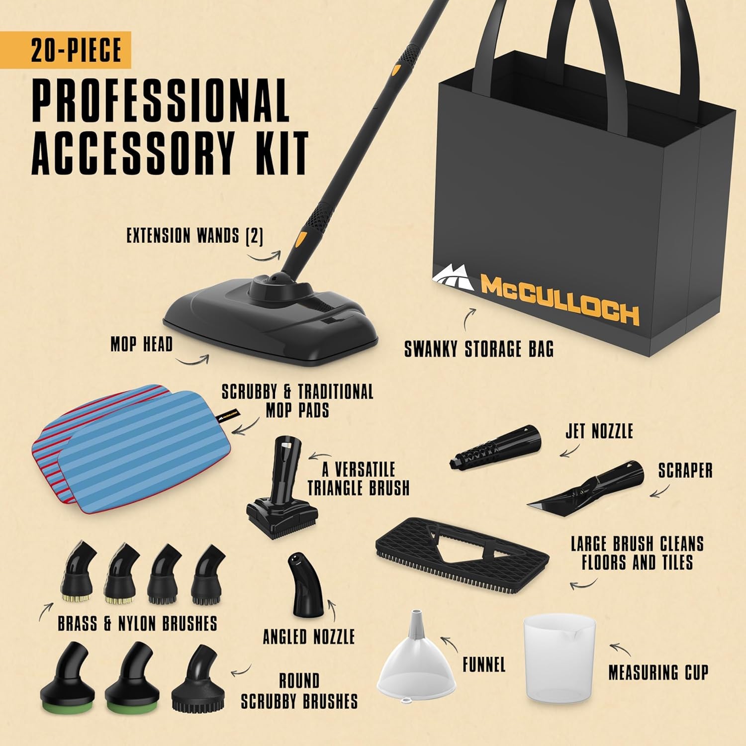 McCulloch MC1375 Canister Steam Cleaner – 90 Min Runtime, 20 Accessories