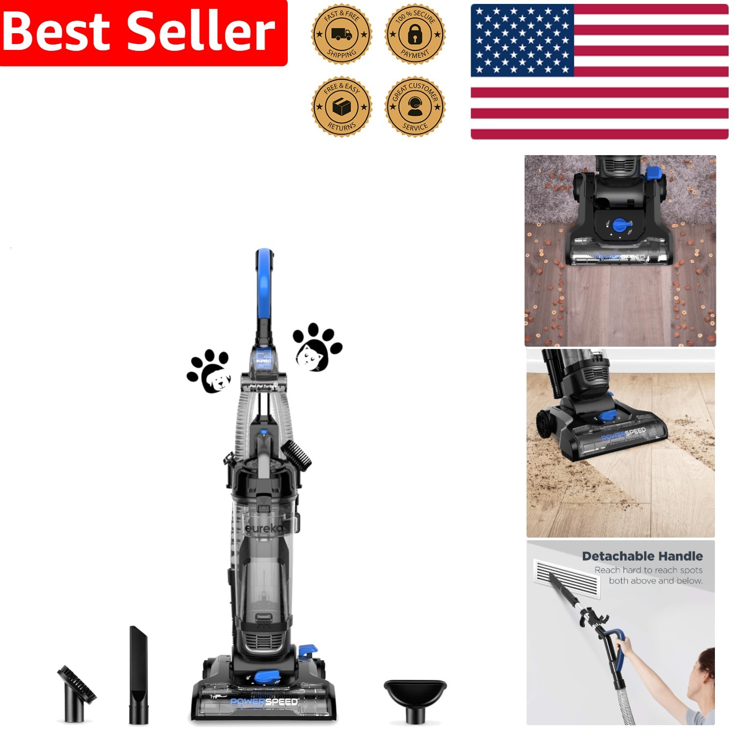 PowerSpeed Lightweight Upright Vacuum Cleaner, Bagless, Pet Tools, Blue, 960W