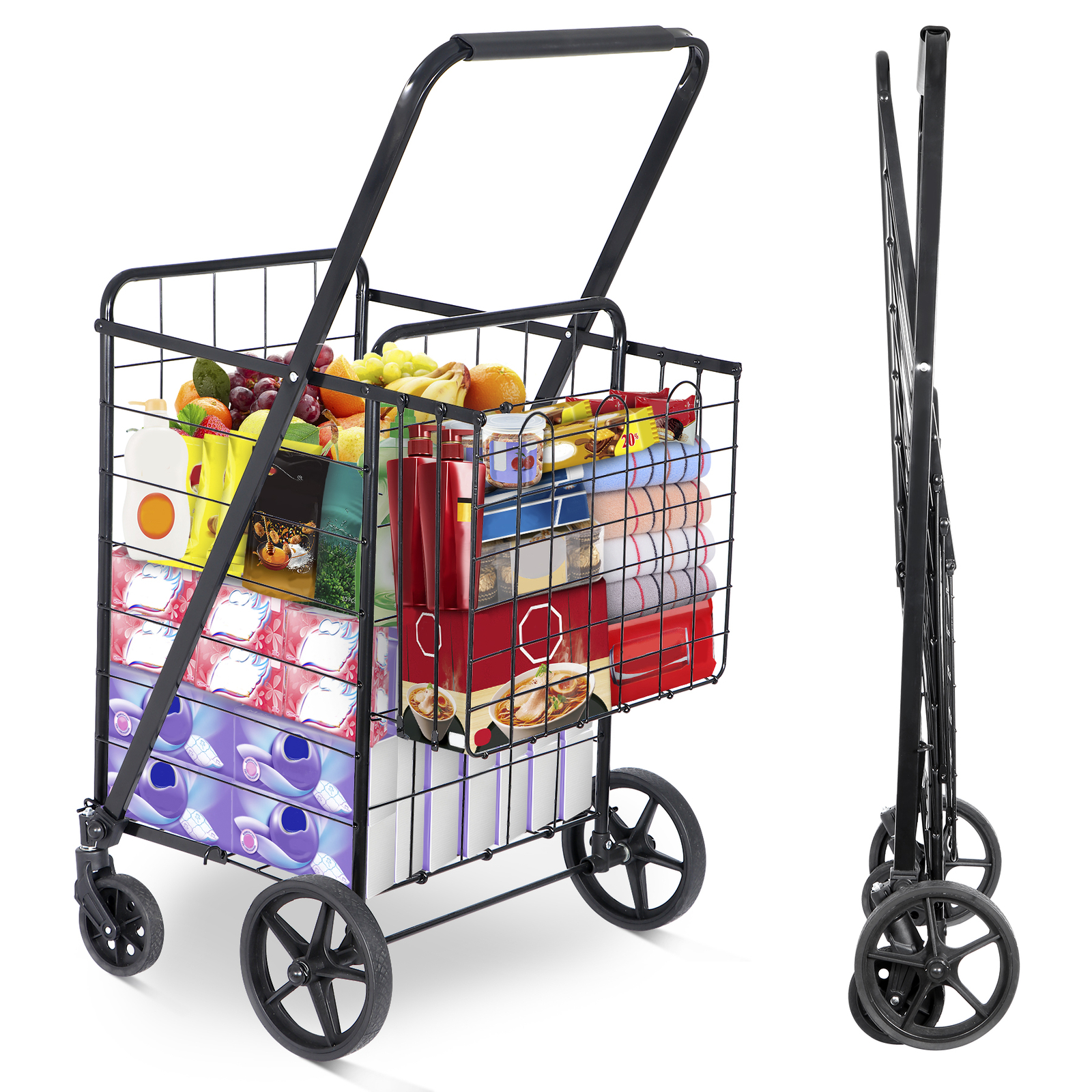 Folding Shopping Cart Rolling Trolley Utility 2 Basket W/Wheel for Laundry Black
