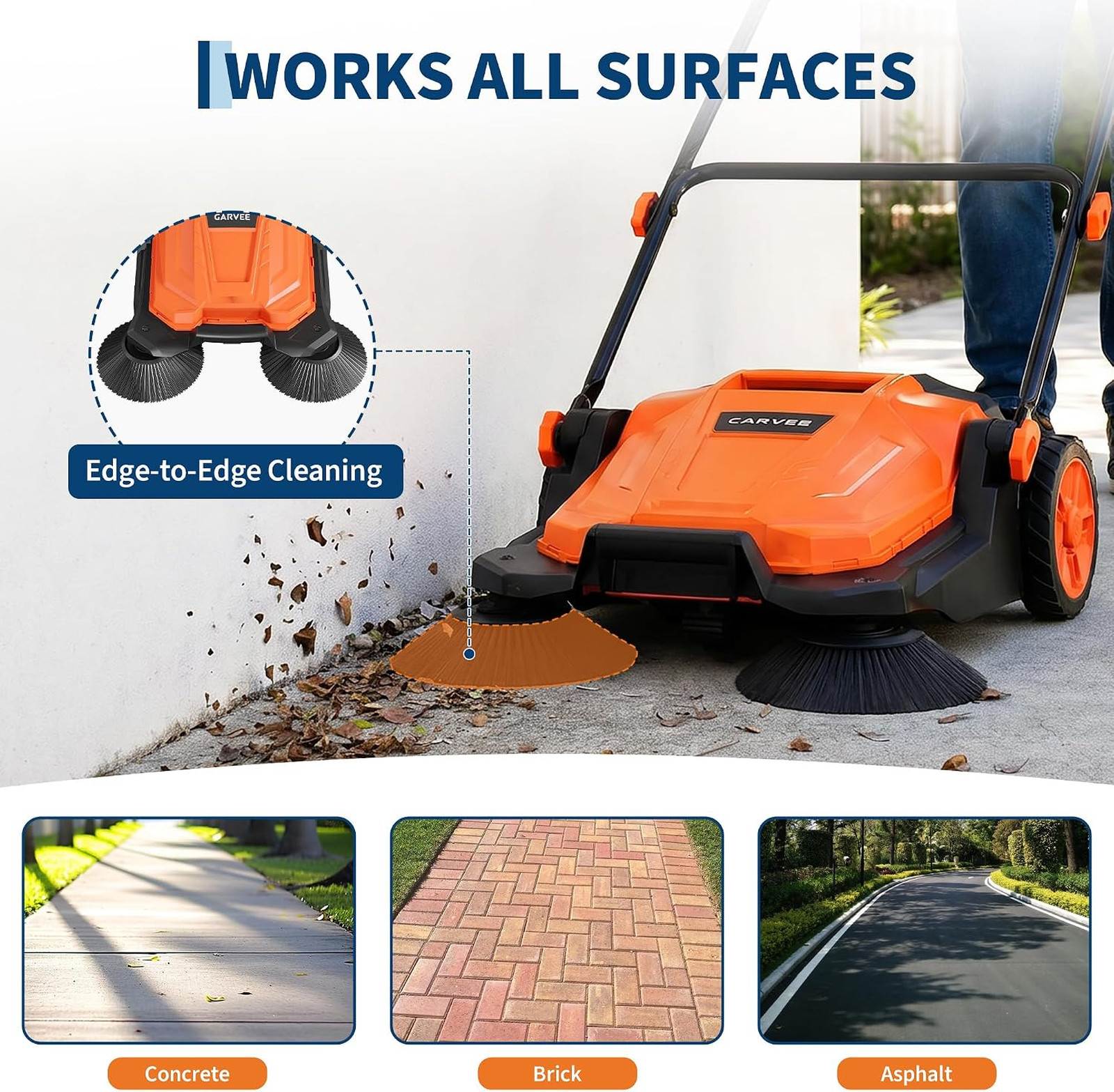 Walk-Behind Floor Sweeper 25.6 Inch Sweeping Width Manual No Electric Durable