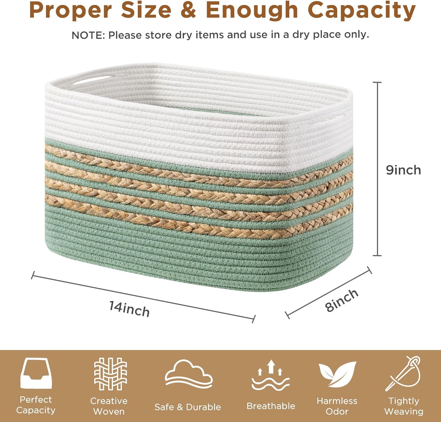 4-piece storage basket set, 14 in long x 8 in wide x 9 inches high, green.