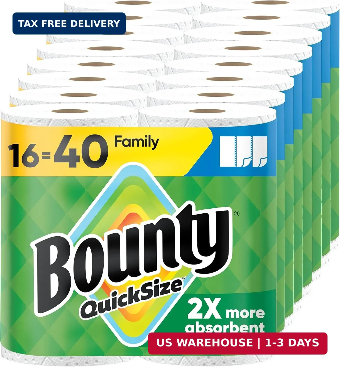Bounty Paper Towels Quick Size, White, 16 Family Rolls = 40 Regular Rolls